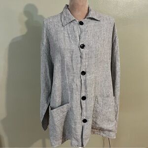 FLAX Womens Gray Button Up Pockets Linen Blazer Cardigan Lagenlook M